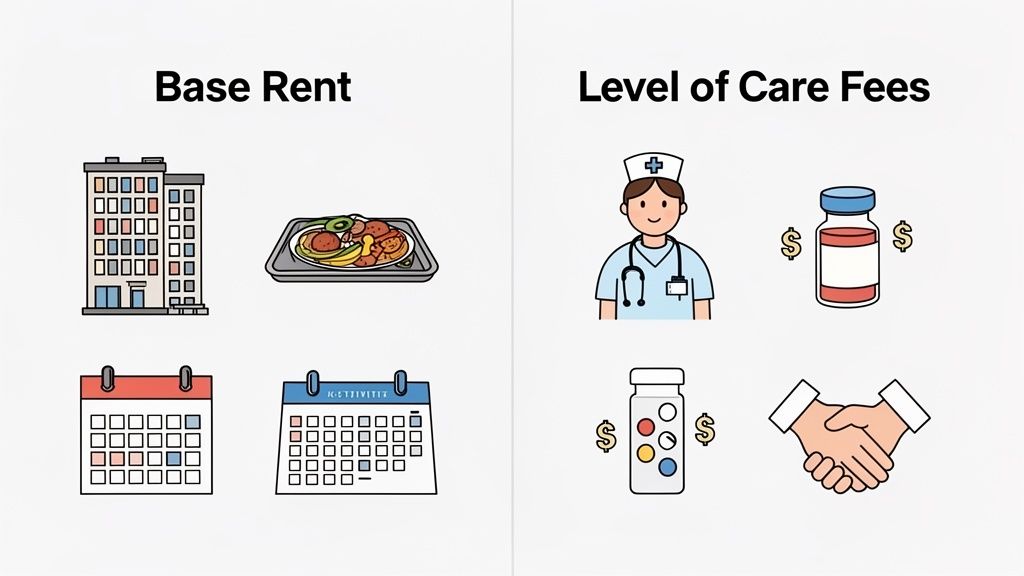 Illustration detailing assisted living costs: base rent (housing, meals, activities) and level of care fees (nursing, medication, services).