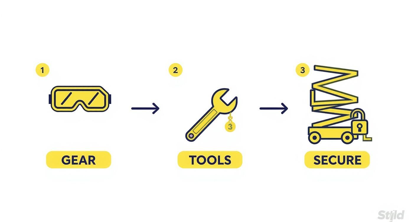 An illustration of three safety steps: wearing gear, using tools, and securing a Genie lift.