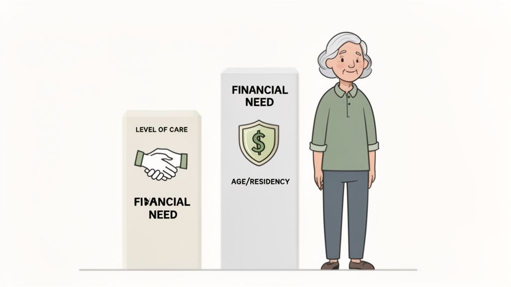 An elderly woman stands next to two pillars outlining requirements like level of care, financial need, age, and residency.