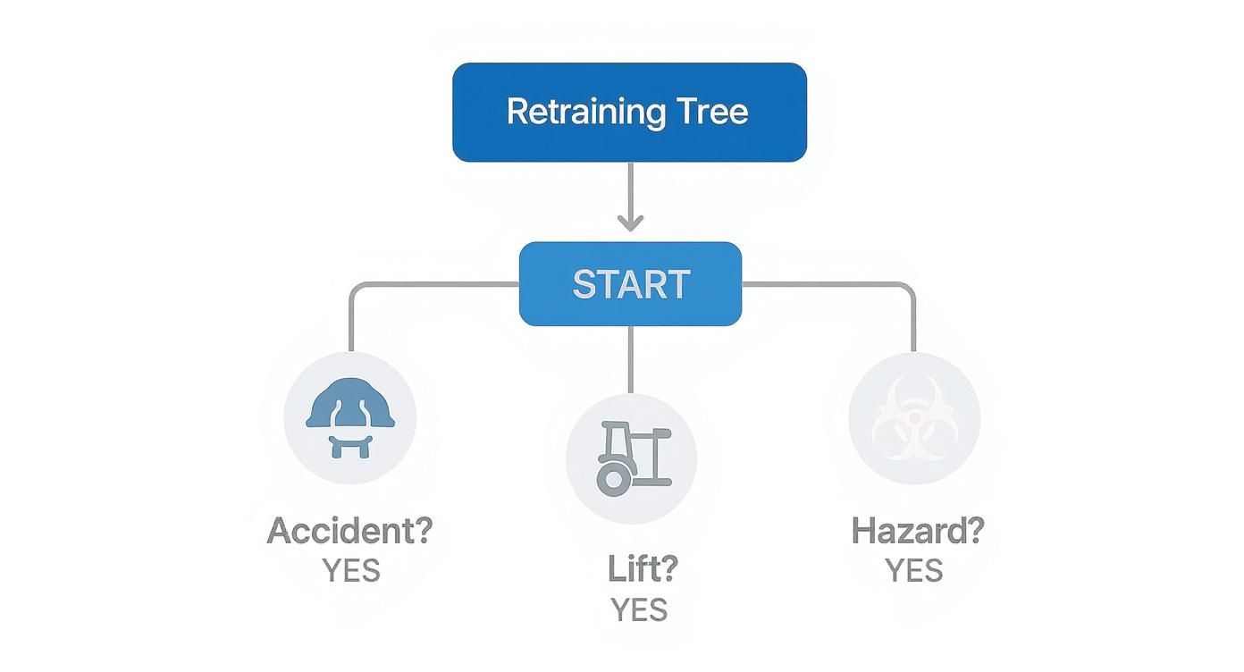 Flowchart showing retraining tree decision path for accidents, lift operations, and hazards