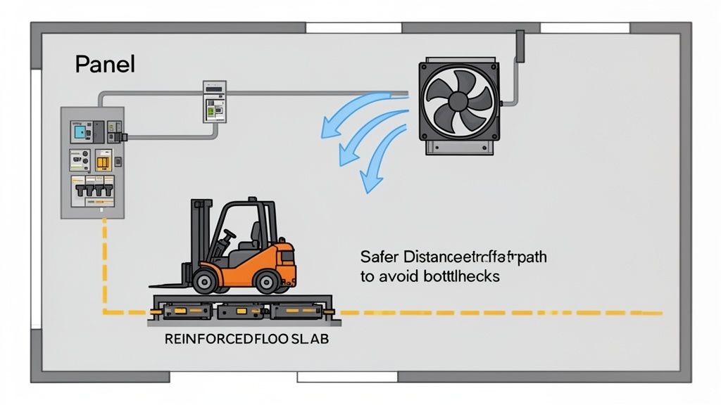 Electrical diagram showing a forklift charging on a reinforced slab with ventilation and a designated safety path.