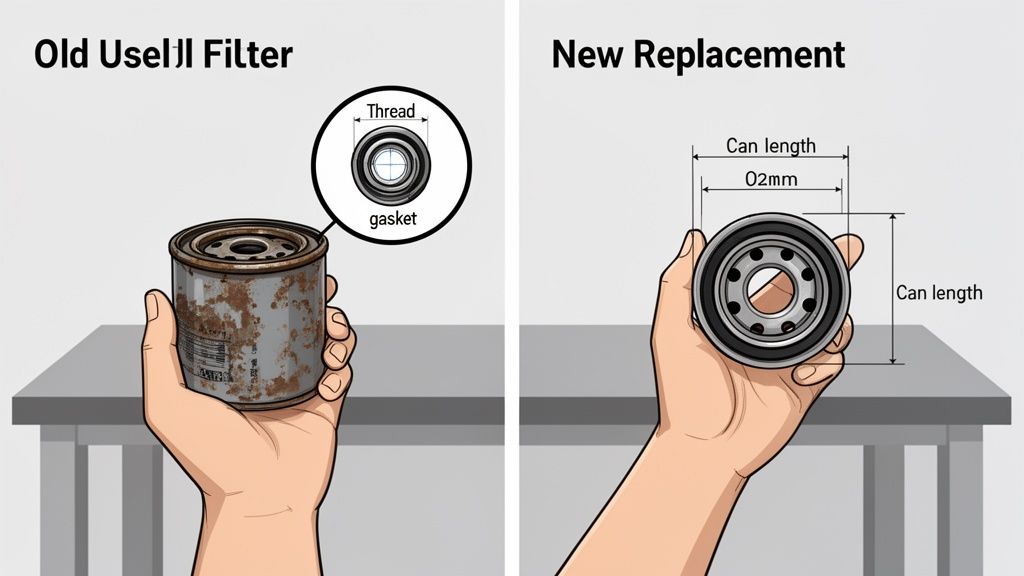 Comparison of an old, rusty oil filter and a new replacement filter, highlighting threads and dimensions.
