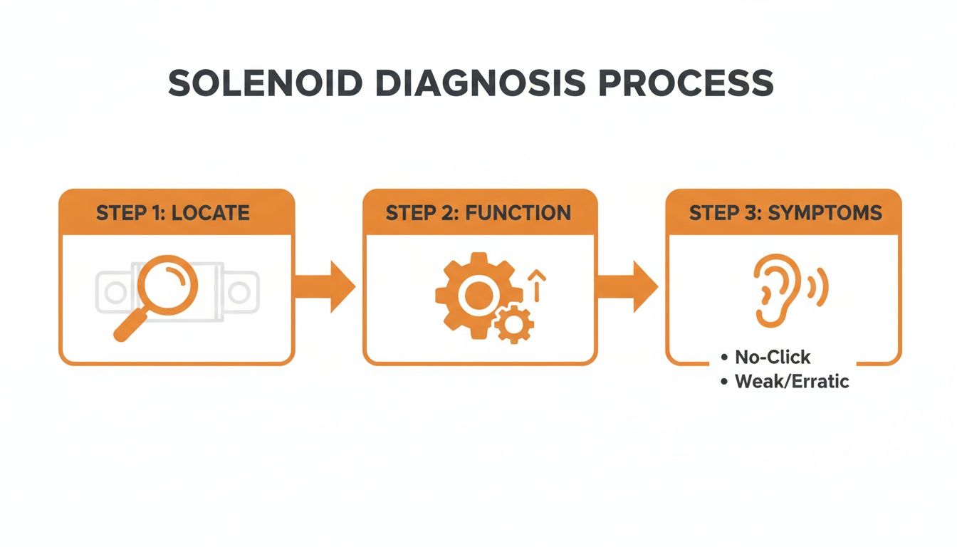 An infographic detailing the 3-step solenoid diagnosis process: locate, function, and identifying symptoms like no-click or erratic operation.