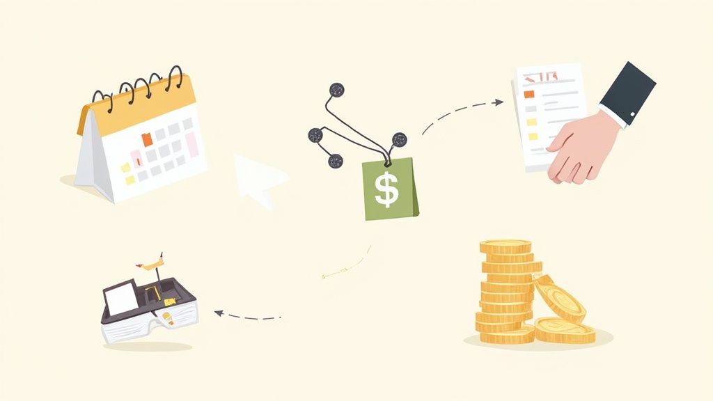 An illustration showing financial planning elements: a calendar, price tag, document, and stack of coins.