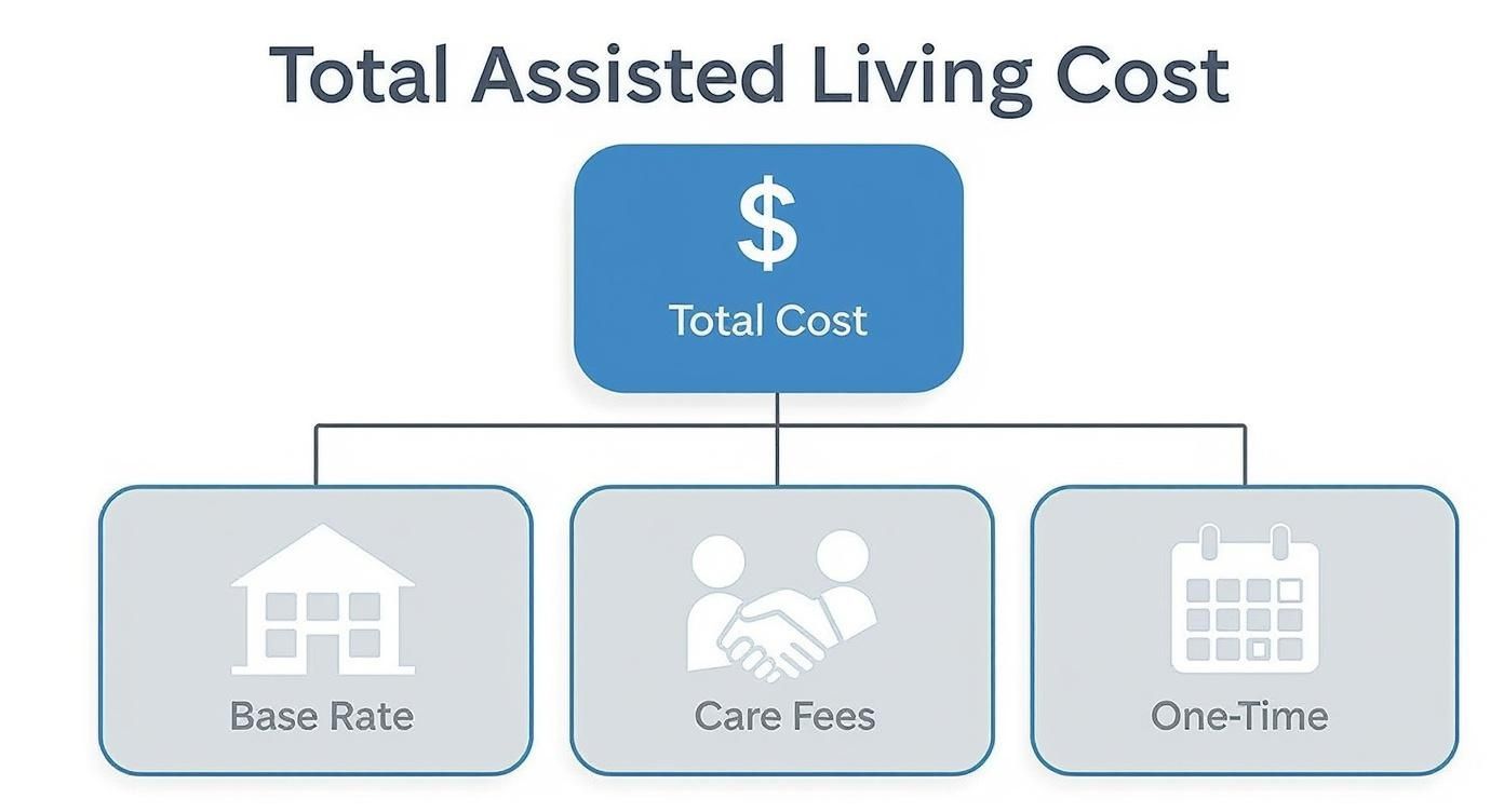 Flowchart showing the total assisted living cost broken down into base rate, care fees, and one-time fees.