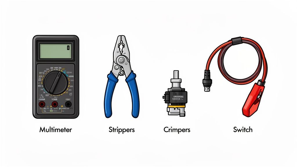 A multimeter, wire strippers, an electrical connector, and a switch with cables on a white background.