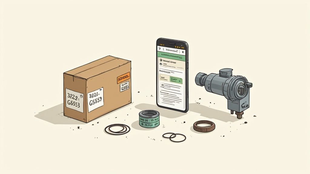 Components for repair or inventory including a box, smartphone, mechanical part, and O-rings.