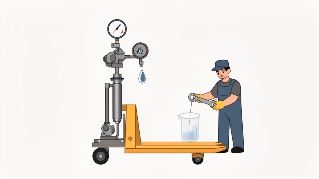 A worker uses a pallet jack with a liquid dispensing machine to fill a bucket.