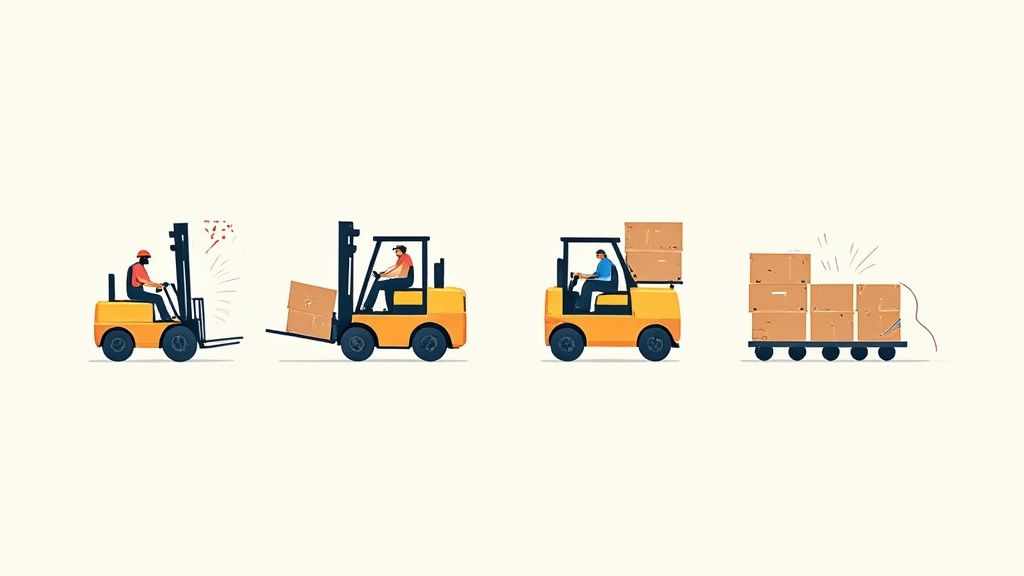 Four forklifts demonstrating warehouse operations including lifting boxes and moving palletized cargo safely