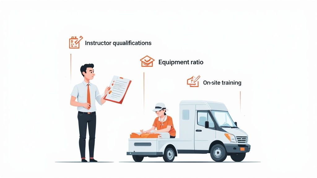 Illustration of a man with a checklist and a woman on a truck, highlighting instructor qualifications, equipment ratio, and on-site training.