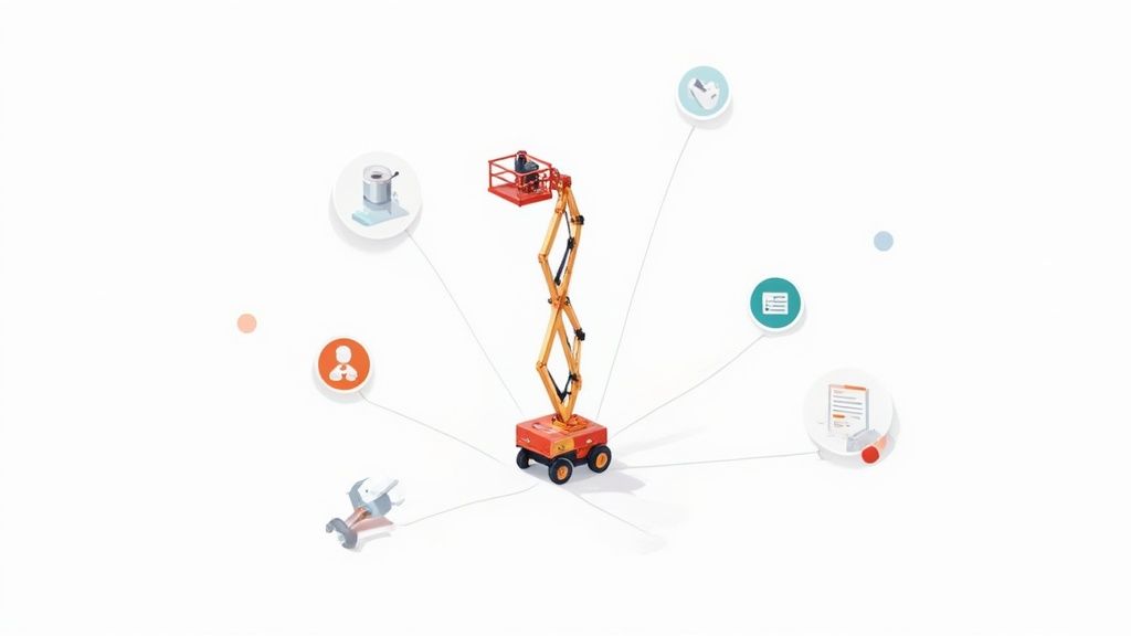 Illustrative image of a person operating a mobile elevating work platform surrounded by process icons.