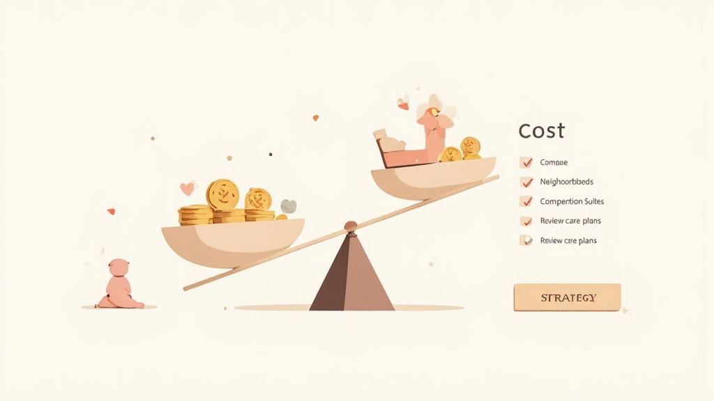 Illustration of a balance scale, representing senior living costs and a person considering financial strategy.