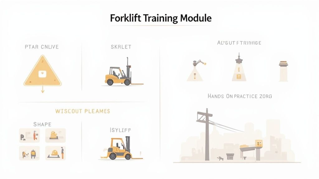 Forklift training module infographic showing operator safety procedures and hands-on practice zones