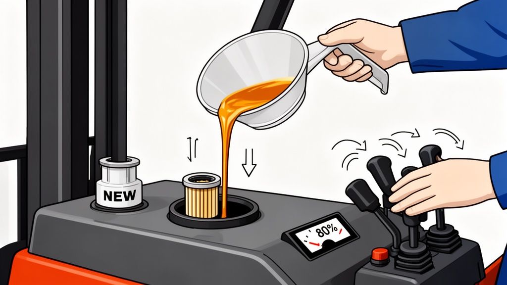 A person pours new hydraulic oil into a forklift's filter compartment while another hand operates control levers.