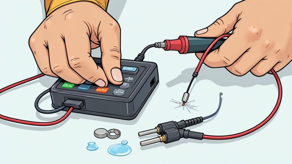 Hands operating an electronic device, possibly for soldering or testing small components and wires.