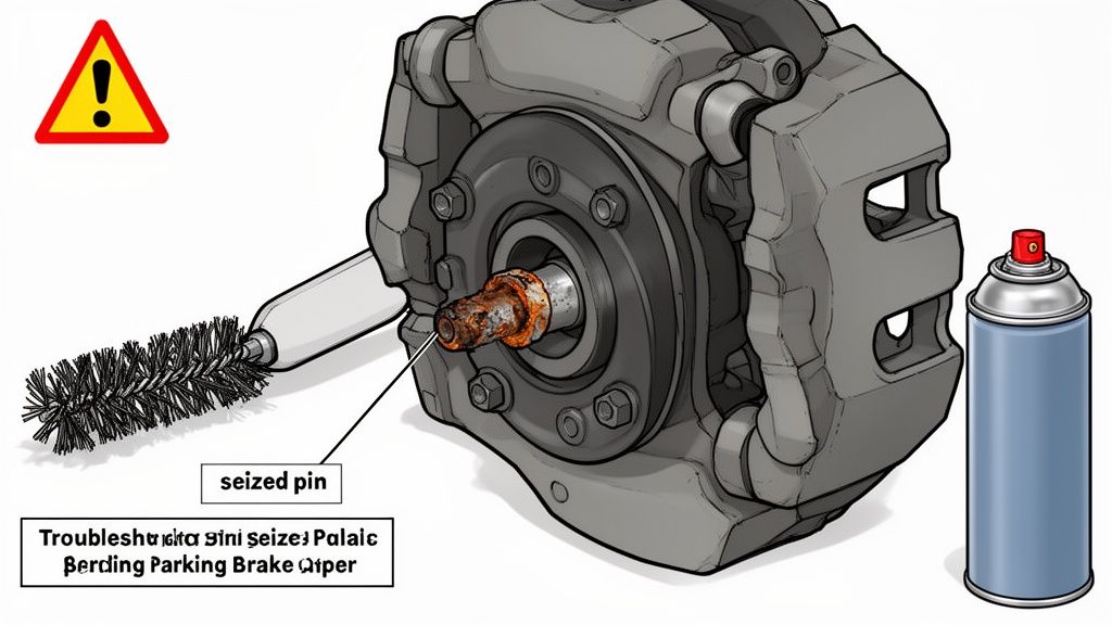 Illustration showing a rusty, seized brake pin being cleaned with a wire brush and lubricant spray.