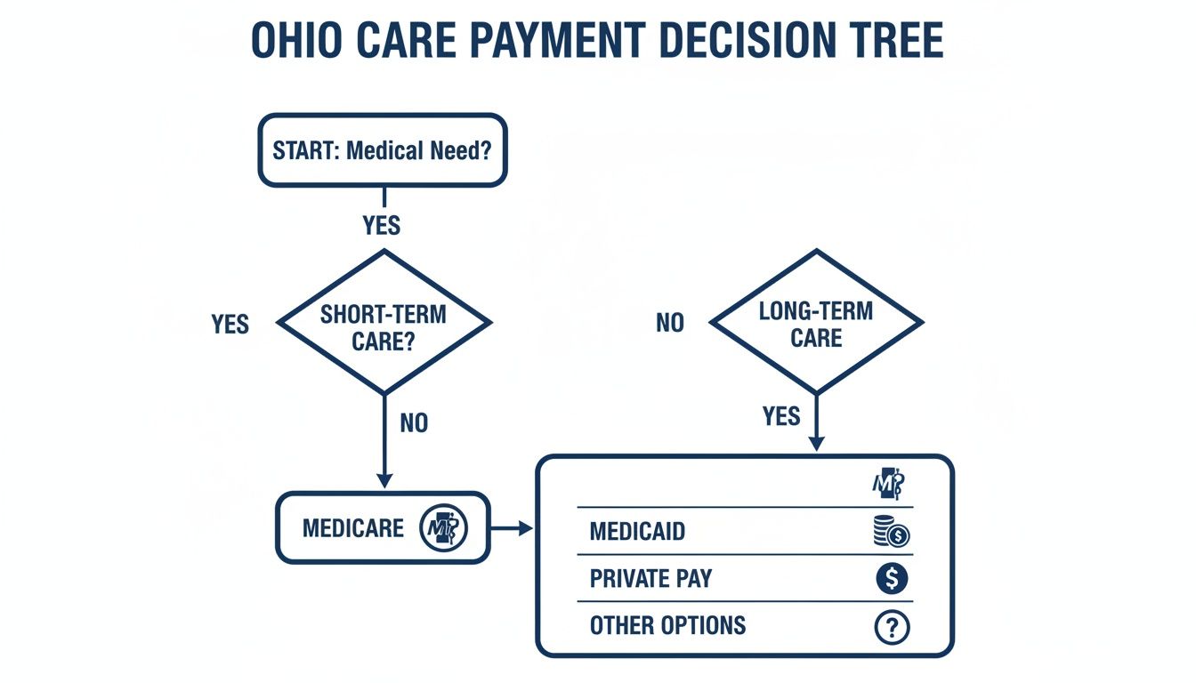 Ohio Care Payment Decision Tree flow chart illustrating options for medical needs and types of care.