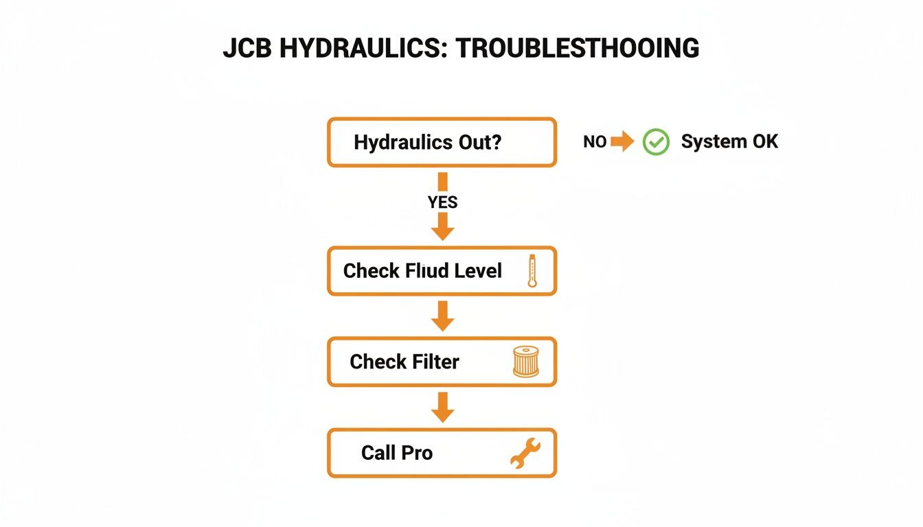Flowchart for JCB hydraulics troubleshooting, showing steps to check fluid level, filter, and call a professional.