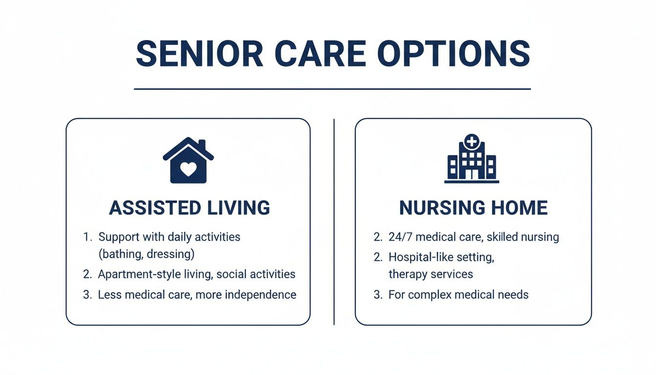 Infographic comparing Assisted Living and Nursing Home options for senior care, detailing services and level of care.