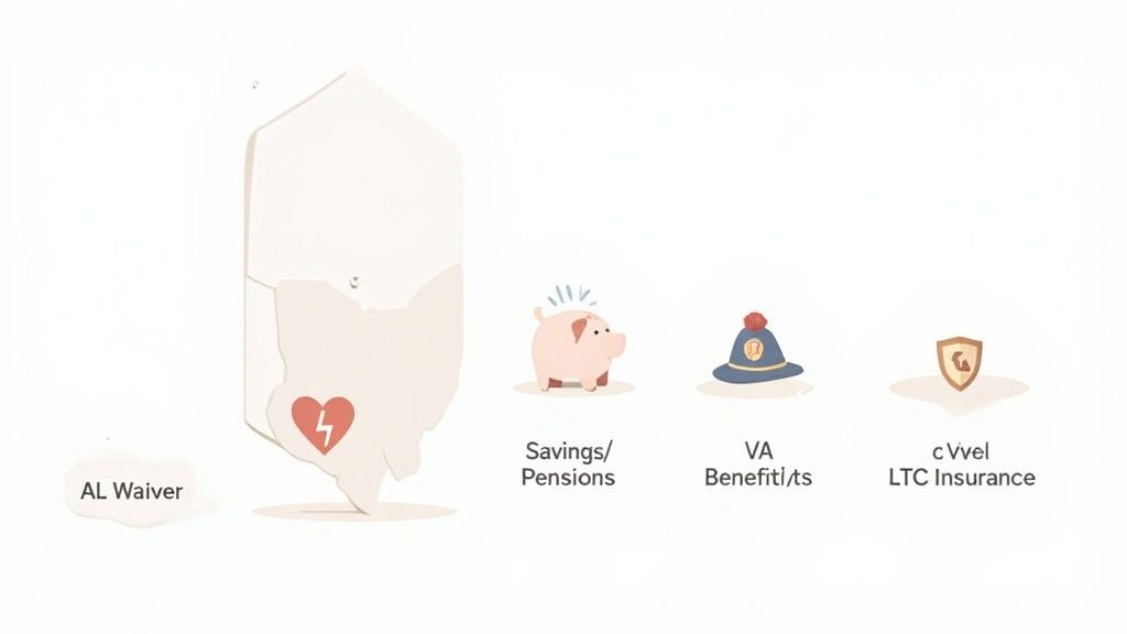 Icons representing Assisted Living Waiver, savings, VA benefits, and long-term care insurance options.