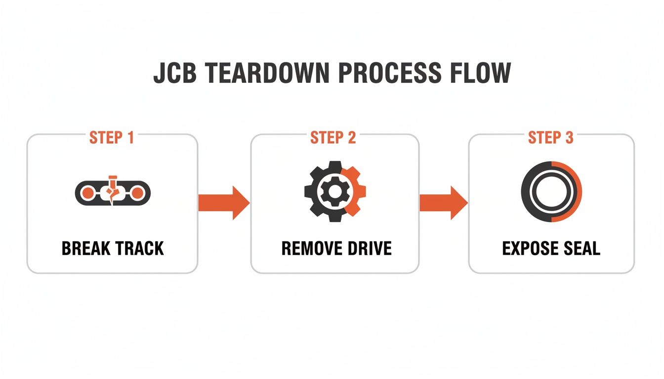 JCB teardown process flow diagram showing steps to break track, remove drive, and expose seal.
