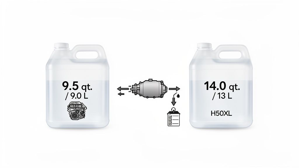 Fluid capacity diagram for engine (9.5 qt/9.0 L) and H50XL transmission (14.0 qt/13 L).