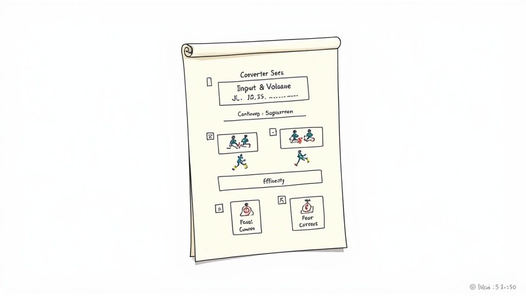 A hand-drawn diagram titled 'Converter Sees' showing inputs, processes with stick figures, and outputs on paper.