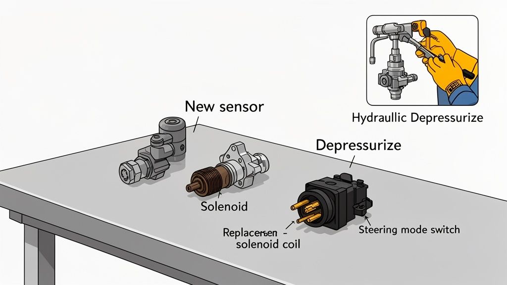 Various new and replacement hydraulic components including a sensor, solenoid, and steering mode switch on a table.