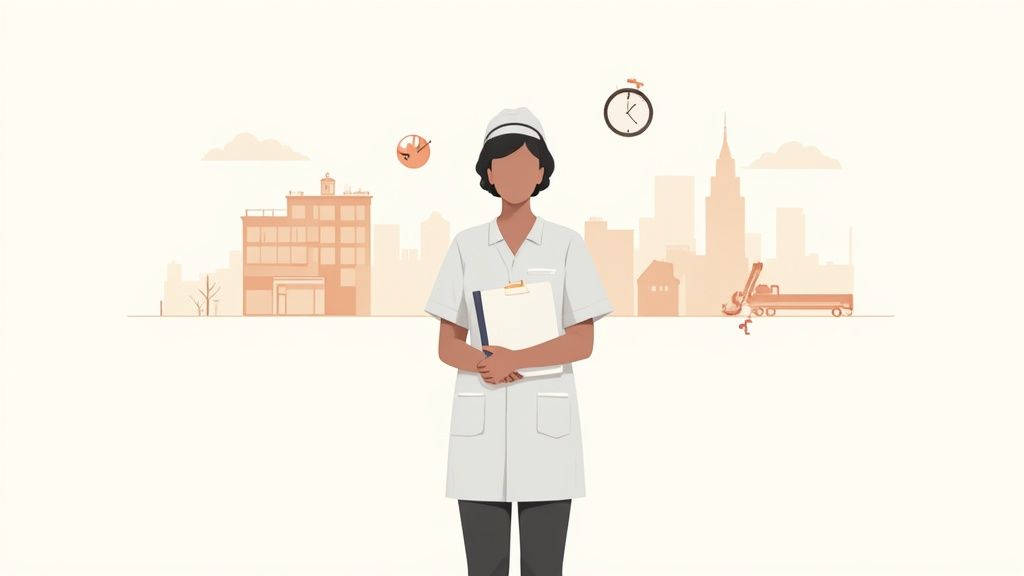 A compassionate nurse assisting an elderly woman in a bright, comfortable room.