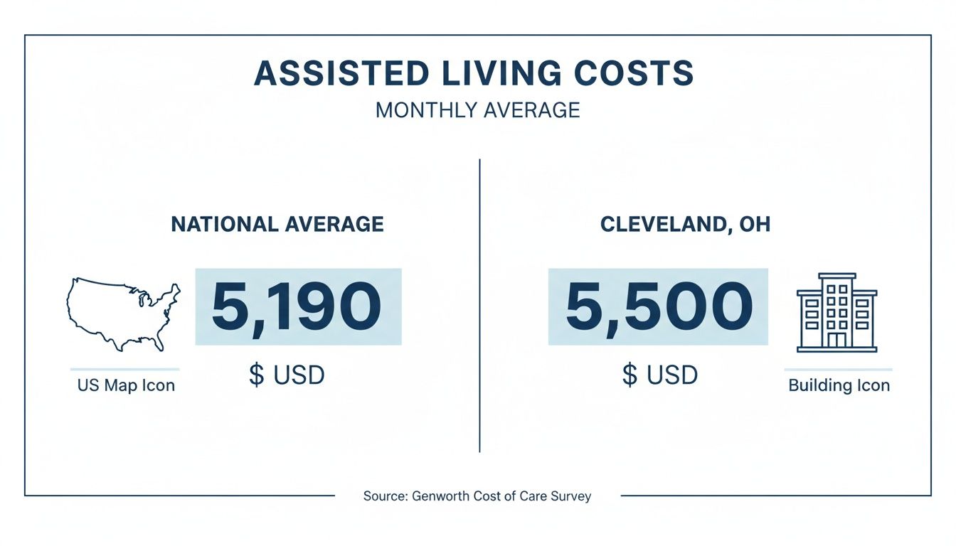 Chart showing monthly average assisted living costs: $5,190 nationally and $5,500 in Cleveland, OH.
