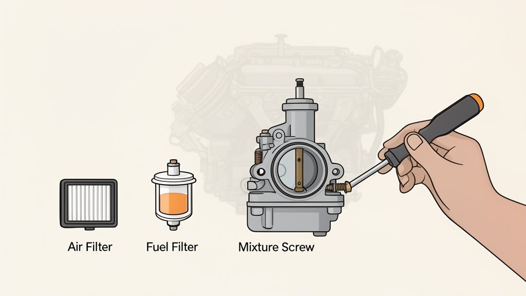 A hand uses a screwdriver to adjust the mixture screw on a carburetor, next to an air filter and fuel filter.