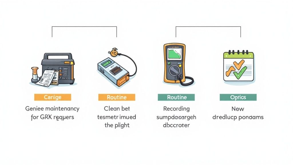 Illustrations of maintenance equipment: a generator, a sensor, a multimeter, and a calendar with checkmarks, detailing various routine tasks.