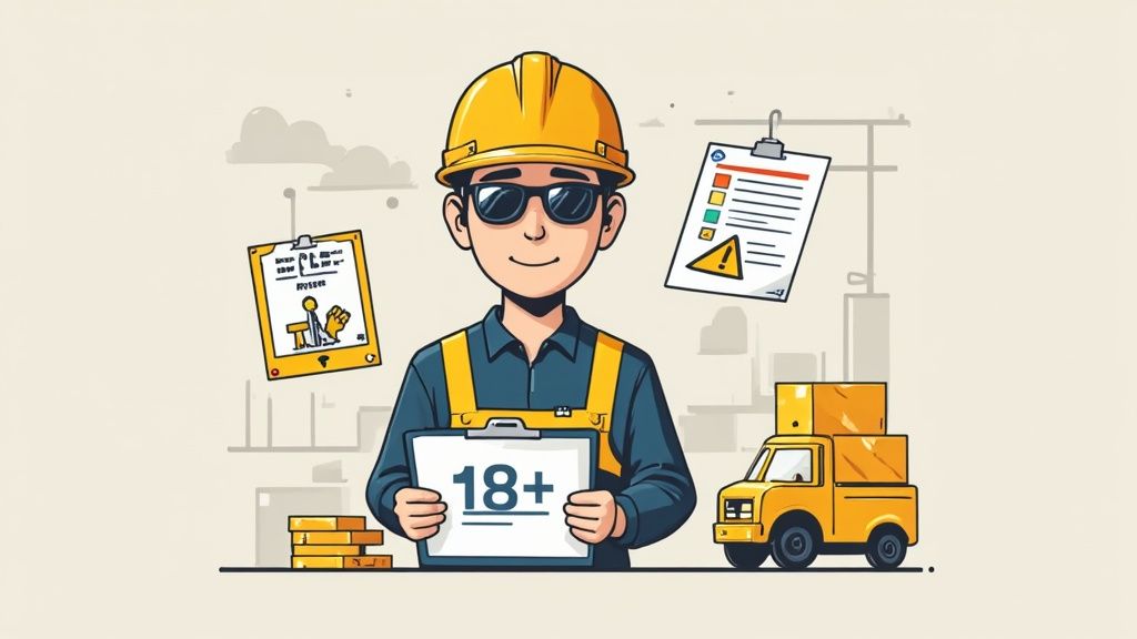 A cartoon construction worker in a hard hat holding an '18+' sign, surrounded by work-related items.