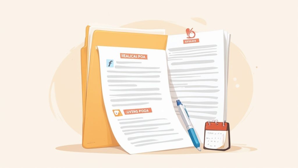 Illustration of a file folder containing legal documents like POA and wills, a pen, and a calendar.