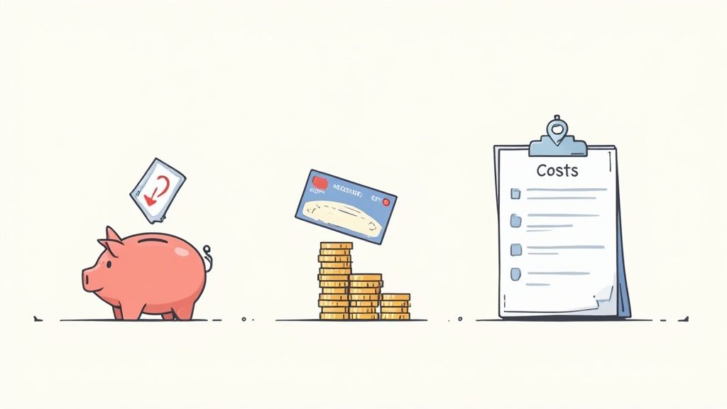 An illustration showing financial concepts: a piggy bank, a credit card with stacked coins, and a clipboard with 'Costs'.