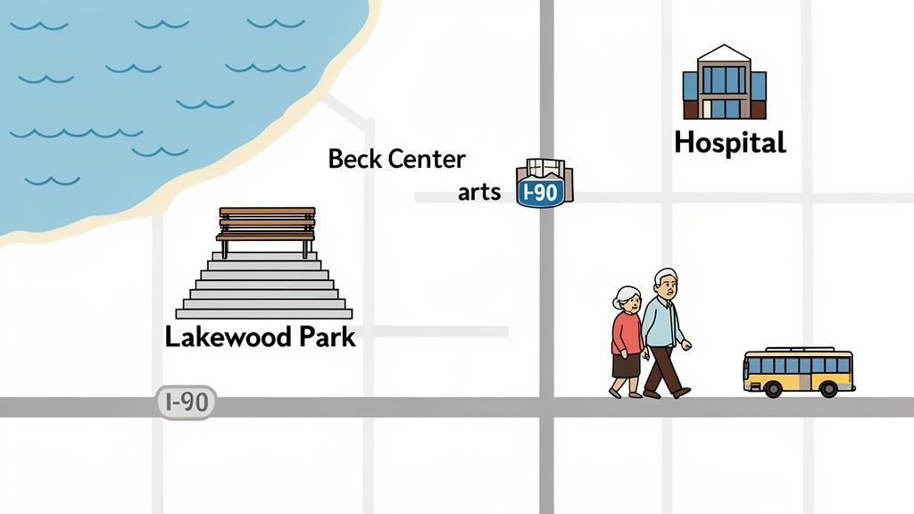 A colorful map illustrating a community with landmarks like Lakewood Park, a hospital, I-90, and people.