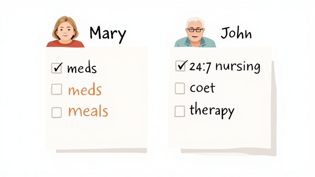 Two individuals, Mary and John, with checklists detailing their specific care requirements, distinguishing various services.