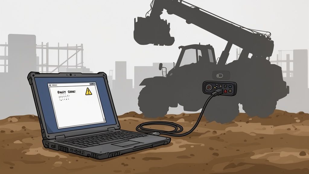 A rugged laptop displays a fault code, connected to a diagnostic tool troubleshooting heavy construction equipment.