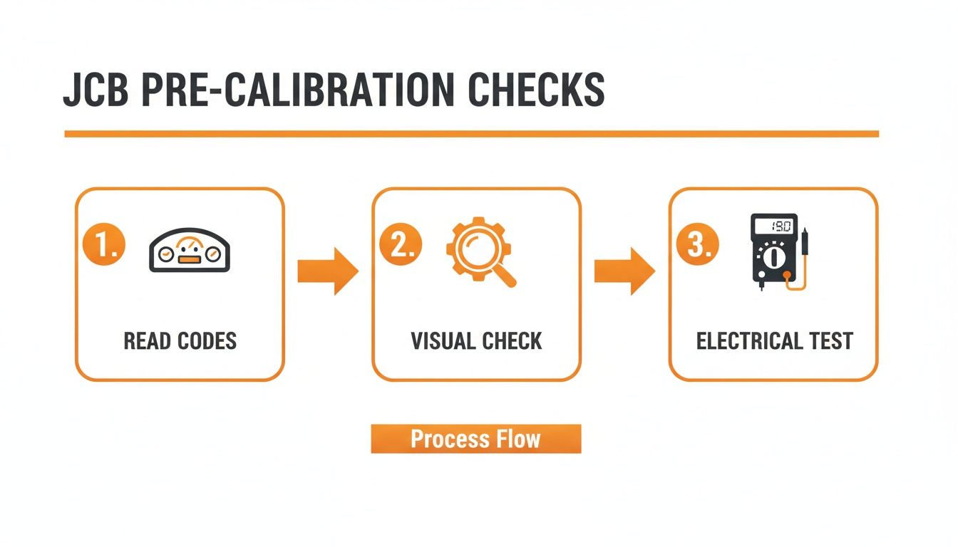 Flowchart detailing JCB pre-calibration checks, including reading codes, visual inspection, and electrical testing.