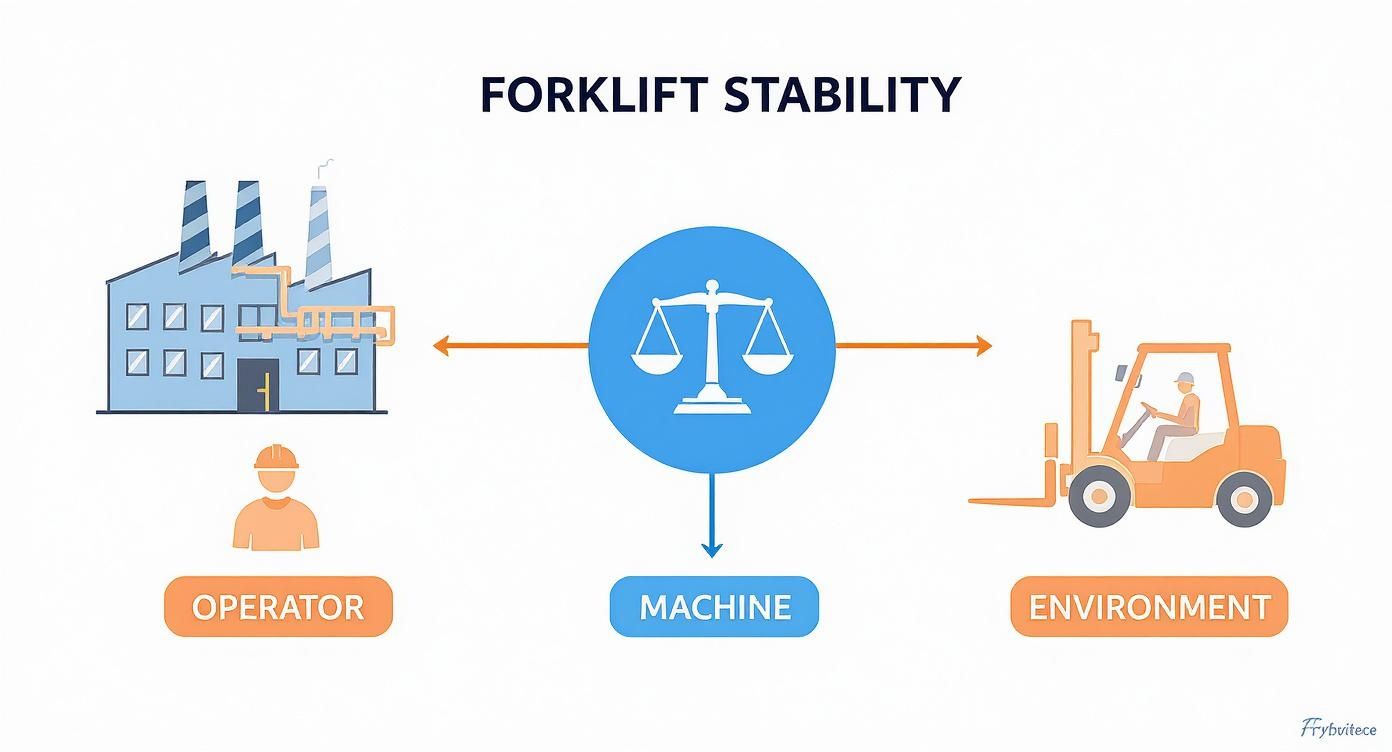 Forklift stability triangle diagram showing operator, machine, and environment factors with balance scale icon