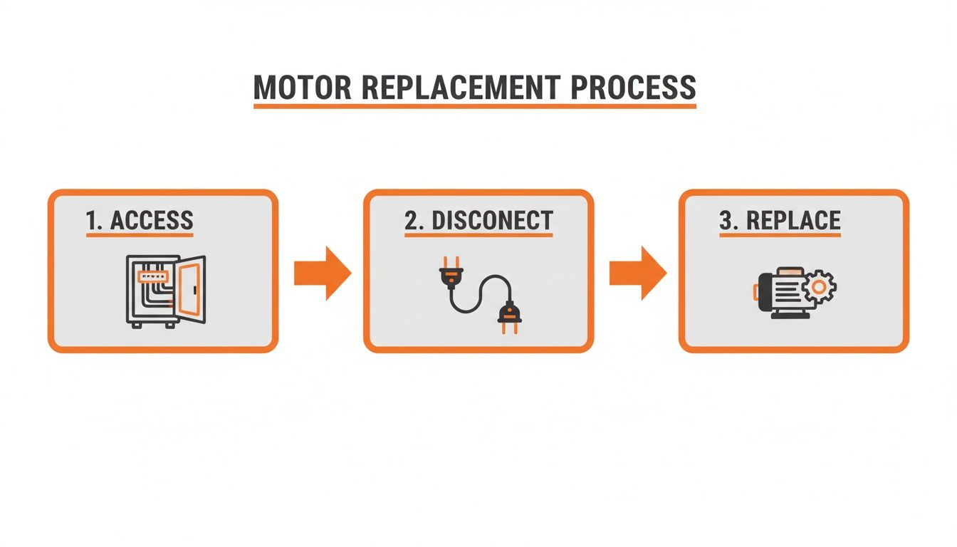 A three-step diagram illustrating the motor replacement process: Access, Disconnect, Replace.