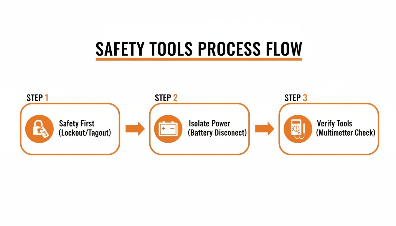 A three-step safety tools process flow diagram showing lockout/tagout, power isolation, and multimeter verification.
