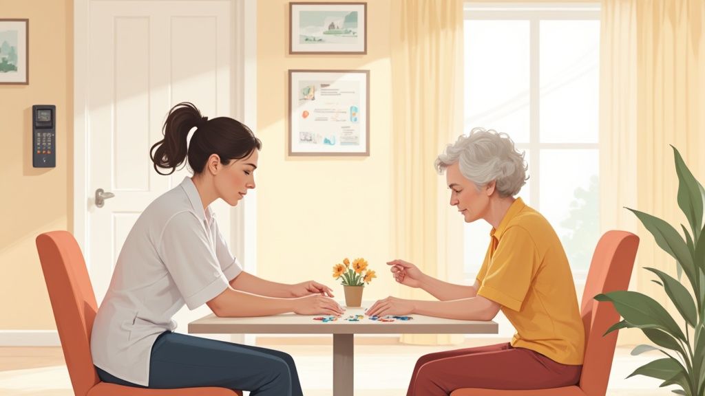A caregiver assists a senior woman in a well-lit living room, symbolizing compassionate care in a Cleveland memory care setting.