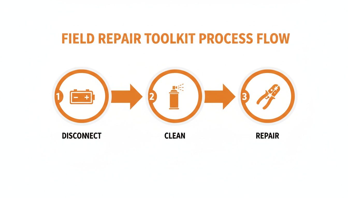 Infographic illustrating a three-step field repair toolkit process flow: disconnect, clean, and repair.
