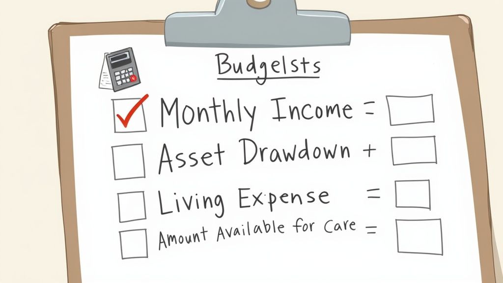 A financial checklist on a clipboard with 'Budgetlsts' title, showing income, assets, and expenses.