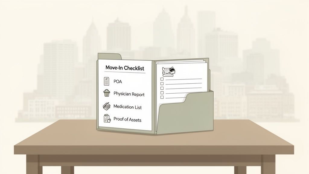 Open file folder on table displays a 'Move-In Checklist' for assisted living with essential documents, city backdrop.