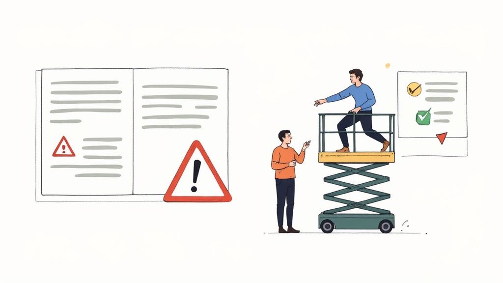 Illustration of men discussing safety procedures for operating a mobile elevating work platform, with manuals.