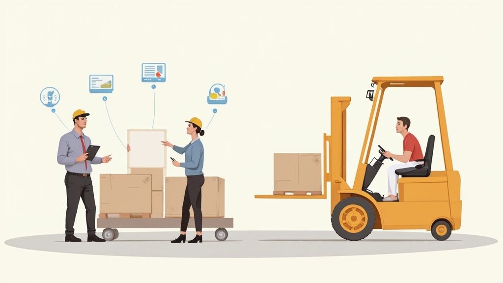 Warehouse workers managing inventory with forklift operator and digital tracking system for workplace safety training