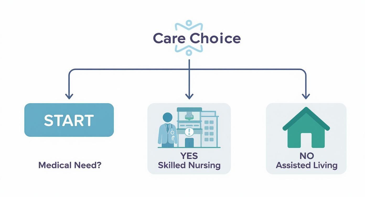 An infographic decision tree showing that if a medical need exists, the path leads to skilled nursing care, and if not, it leads to assisted living.