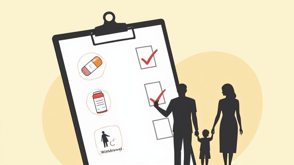 A family stands next to a checklist with checked medicine items and a 'Withdrawal' note.